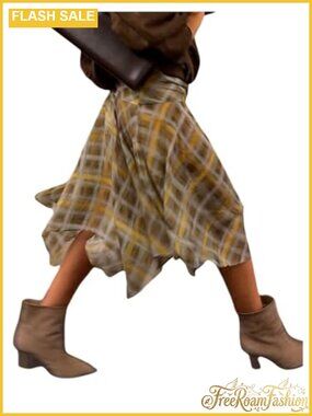 Plaid Print Midi Skirt Ruffle Asymmetrical Flowy